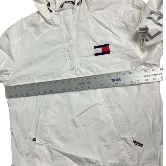 Tommy Hilfiger Windbreaker L White Spellout Hooded Half Zip Jacket Nylon - Picture 6 of 13